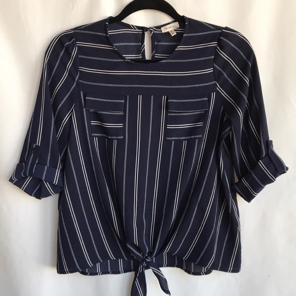 Monteau navy and white stripe front tie blouse - Picture 1 of 7